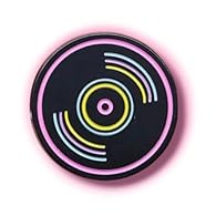 DESIGN FEATURES: Black enamel pin featuring a vinyl record design with vibrant neon pink, yellow, and blue circular outlines for a striking retro aesthetic DIMENSIONS: Measures 25mm x 25mm with 2mm thickness, offering a perfect size for versatile acc...