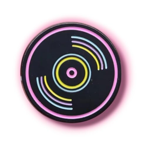 Retro Vinyl Record Enamel Pin Badge, Black with Neon Outline, 25mm x 25mm, 2mm Thick, Vintage 80s Record Player Collectible, Neon Music Accessory, Perfect for Backpacks, Jackets, and Hats