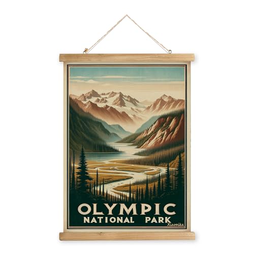 XIAOAIKA Vintage Olympic National Park Travel Poster with Wooden Scroll Frame – Holiday Decoration or Gift for Living Room, Bedroom, Office Wall Decor, Retro Art Print 20 x 30 Inches