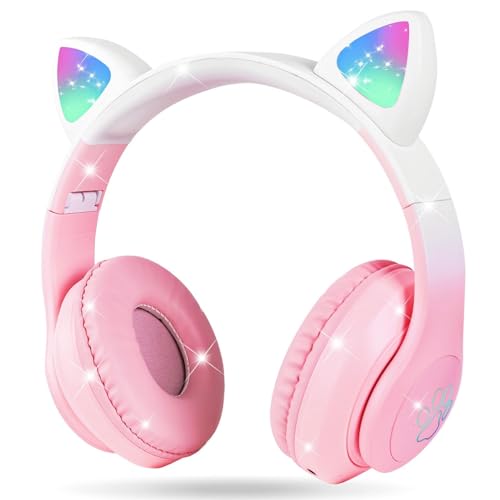 NAWOKEENY Bluetooth Cat Ear Headphones Foldable Ear LED Light Child Wireless Headphones with Microphone and LED Light for Child Compatible with Mobile Phones PC Tablet (Pink)