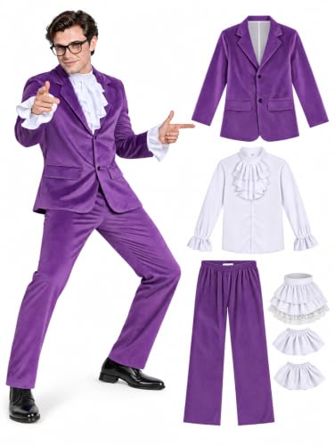 5 PCS Men Spy Costume 70s Retro Disco Suit Halloween Pimp Outfit，Purple：S