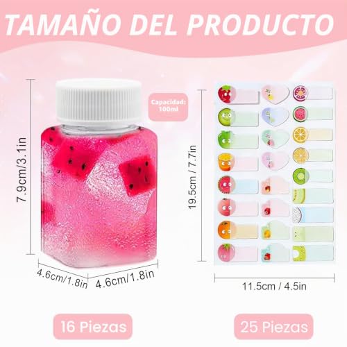 Miniatura 2 de Dymhq 16 Piezas Botellas De Jugo Reutilizables 100ml, Mini Botella De Plástico Cuadrado Transparente Y Pegatinas, Botellas De Plástico Con Tapa Para Guardar Zumo Batidos Bebidas