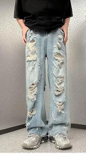 Men's Denim Pants Vintage Distressed Straight Leg Style Loose Fit High Waisted Thin Jeans2