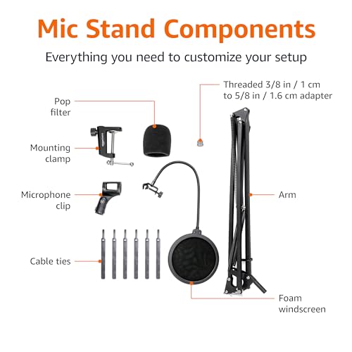 Amazon Basics Adjustable Microphone Stand, Pop Filter, Windscreen, for Blue Yeti, Snowball, Shure, Audio-Technica, other Mics, 19 inch by Amazon Basics - Image 5