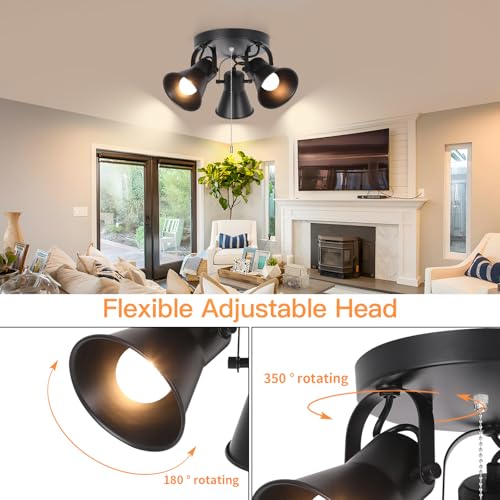 Image of 3-Light Industrial Track Lighting with Pull Chain On /Off Switch, Adjustable Round Kitchen Ceiling Light, Morden Black Flush Mount Directional Light for Kitchen, Hallway, Dining Room, Bathroom