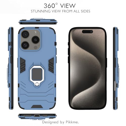 Image of Pikkme D5 Tough Armor Back Cover | 360 Protection Case | Ring Holder Stand Bumper Case for iPhone 16 Pro Max (Blue)