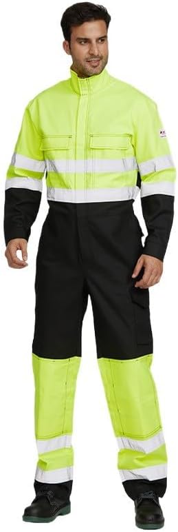 Men's High-Visibility Safety Coveralls with Yellow and Black Reflective Stripes, Fire-Retardant