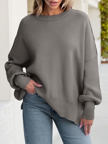 Image of ANRABESS Women Oversized Sweaters Batwing Long Sleeve 2026 Fall Outfits Crewneck Casual Knit Side Slit Fashion Pullover Top