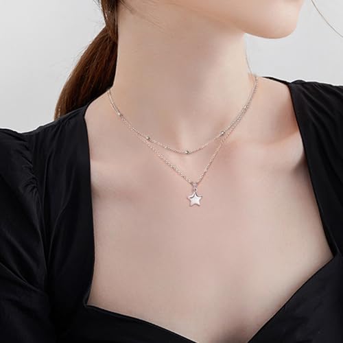 Star Layered Necklaces for Women - Sterling Silver Adjustable Star Pendant Necklace Stacked Bead Double Chain Charm Necklace Fashion Gifts for Christmas Birthday for Teen Girls Girlfriend Wife2
