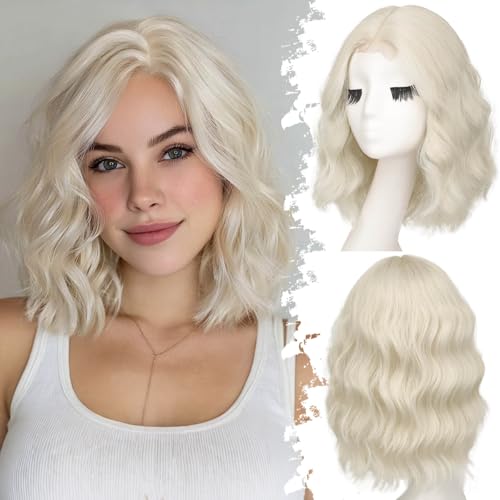 Image of Eawwii Wigs for Women Platinum Blonde,Short Wavy Synthetic Lace Wig | Glueless 4x1 Lace Hairline, Heat-Resistant Fiber,Bob Wave Style,Natural Appearance for Everyday Cosplay 14 Inch