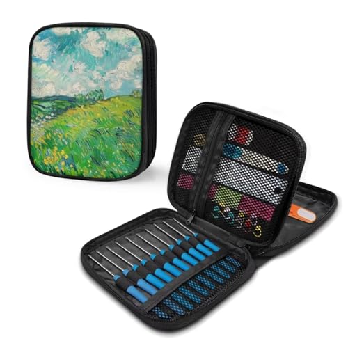 Image of Crochet Hook Case Green Wheat Field Crochet Hook Holder Portable Crochet Hook Storage Bag with Web Pockets Suitable for Crochet Needles /Knitting Accessories