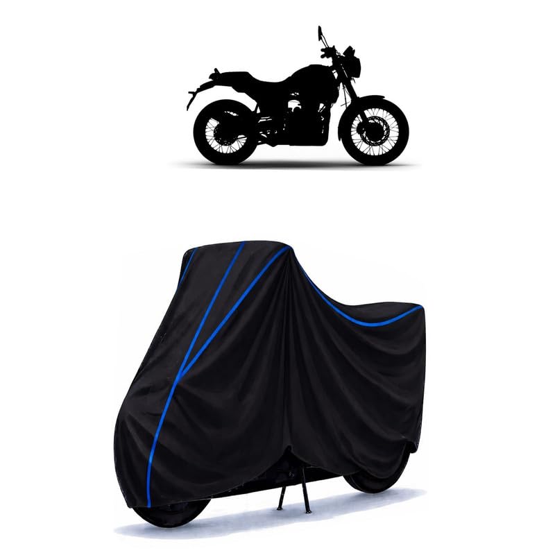Image of Scram 440 Bike Cover Water Resistant Universal Motorcycle Rain | Heavy Duty UV Protection, Dust, Scratch Indoor Outdoor All Weather with Black Blue Piping Elastic
