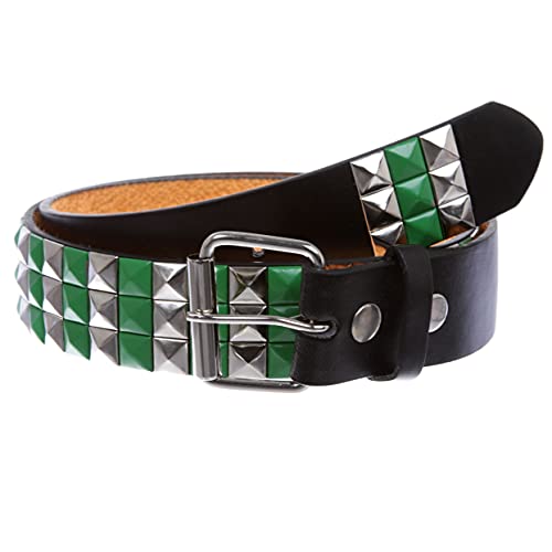 Snap On Yellow or Green Punk Rock Star Pyramid Studded Checker Board Leather Belt
