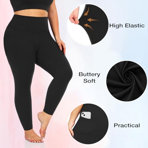 yeuG Women's Plus Size Leggings with Pocket-High Waist Tummy Control Yoga Pants Workout Running Black Leggings4