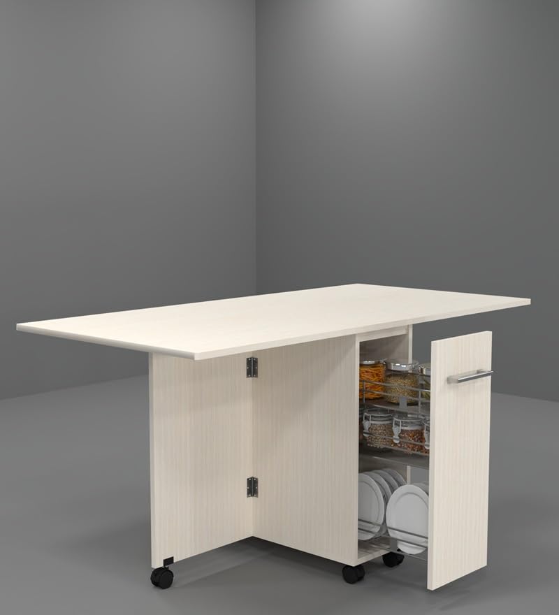 Image of SPECIALITY PANELS Folding Dining Table with Storage, Beige Wood Finish, 149x74x76 cm, Mobile Kitchen Island with Wheels, Carpenter Assembly Provided