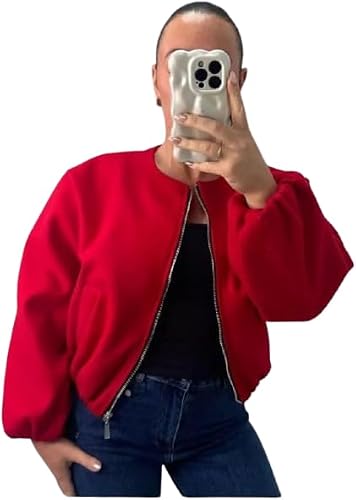 Image of Pretty Attitude Women’s Classic Plain Bomber Zipper Jacket, Ladies Balloon Sleeve Elegant Full Zip Lightweight Winter Warm Short Coats (UK, Numeric, 12, 14, Regular, Regular, Red)