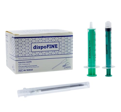 100uds desechables de diferentes tamaños: 16G/ 21G/ 23G/ 26G/ 30G y 2 jeringuillas de 3 - 5ml. Embalaje individual y estirilizado. Adecuadas para rellenar líquidos, ganado e industria. (16G)