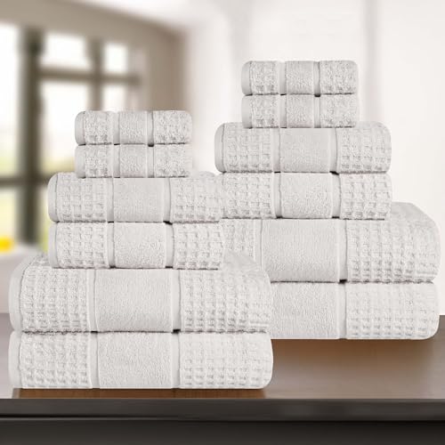 SUPERIOR Cotton 12-Piece Towel Set, Zero Twist, Waffle Border, Bathroom Essentials, Shower, Spa, Luxury Plush Soft Absorbent Towels, Includes 4 Bath, 4 Hand, 4 Washcloth/Face Towels, Stone
