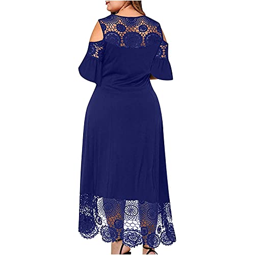Plus Size Dress for Women,Floral Lace Cold Shoulder Spaghetti Strap Long Maxi Dress Elegant High Waist A-Line Swing Flowy Loose Fitting Mother of The Bride Dress(D Blue,3X-Large)