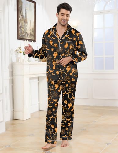 Image of Veseacky Mens Silk Satin Pajamas Set Short Sleeve Sleepwear Button-Down Pjs Sets Two-Pieces Loungewear with Pockets S-XXL