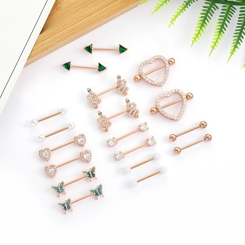 Tornito 9 Pairs Nipple Rings 14G Stainless Steel Heart Butterfly Snake Ball Emerald Triangle CZ Barbell Tongue Rings Set Cute Body Piercing Jewelry for Women 16mm Rose Gold Silver Tone3
