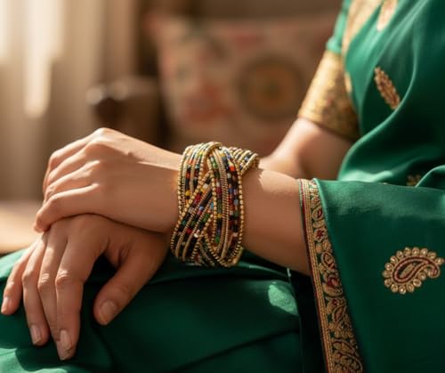 Image of Touchstone Indian Colorful Bead Bracelet Bollywood Beaten Metal Beads Openable Broad Cuff Bracelet in Gold or White Tone for Women.