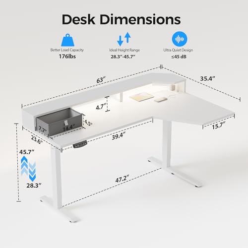 Image of Agilestic 63 Inch L Shaped Electric Standing Desk with Shelf, Height Adjustable Large Desk with Power Outlet & LED, Corner Sit Stand Up Table with Monitor Stand, Computer Workstation, White
