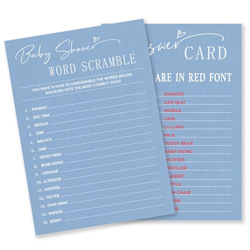 Word Scramble Baby Shower Game Kit - Minimalism Blue - 30 Double-Sided Fill In Game Cards & 1 Answer Card For Baby Shower, Gender Reveal Party Favor, Decorations & Supplies - C08