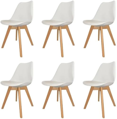 SMTE Padded Seat Wooden Leg Dining Chairs - Pack of Six - White Colour with keychain