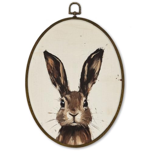 cvjutf Vintage Bunny Easter Wall Art Decor Framed, Retro Rustic Bunny Cottagecore Oval Wall Decor Decorations, Farmhouse Neutral Rabbit Spring Canvas Prints Art for Baby Room Nursery Bedroom, 8.7x11.3In