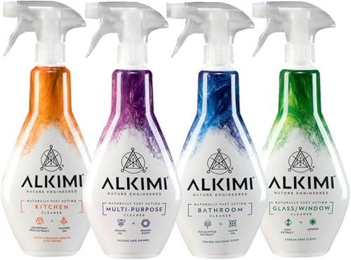 ALKIMI Home Essentials Cleaning, Variety Pack of 4 – Multipurpose, Bathroom, Kitchen & Glass Cleaner Spray – Natural Household Supplies Antibacterial Eco Cleaning Sprays