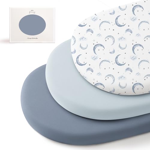 Image of Konssy 3 Pack Stretchy Bassinet Sheets for Baby Girl Boy, Soft Breathable Baby Bassinet Mattress Sheets Fit for Hourglass Oval Cradle, Moses Basket Rectangle Mattress (Blue Moon)
