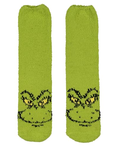 MJC Dr. Seuss The Grinch Adult Unisex Fuzzy Grinch Face Gripper Slipper Socks OSFM, Green2