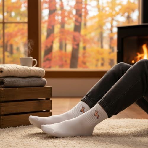 Tindo Dackel Socken Damen Herren – Weiße Crew Socken mit Dackel Stickerei – Lustige Hundemotiv Socken – Retro Streetwear Unisex – Bequeme Baumwollsocken & Geschenkidee für Tierliebhaber