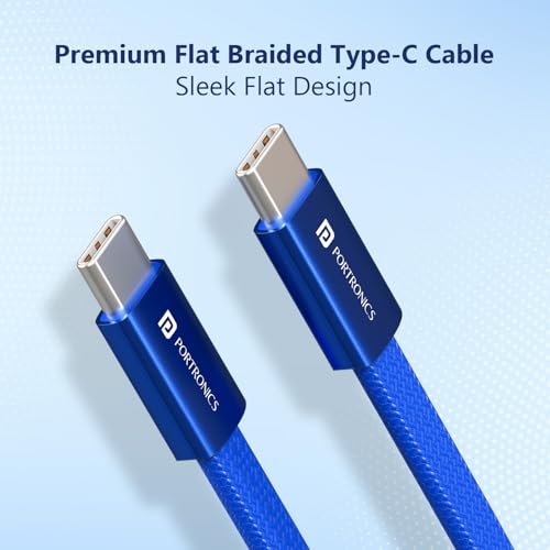Image of Portronics Flatro 60W Flat Design fast Charging Type C Cable, Strong Nylon Braided, Data Sync, Tangle Free Flat Design, Durable Aluminium Connector, Compatible With Type C Devices(Blue)