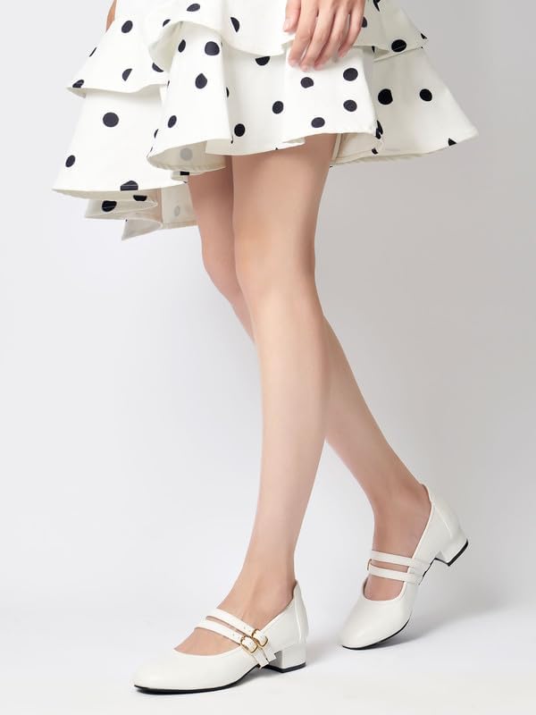 Mary Jane Shoes Women Double Straps 2 Inch Low Heels Dress Shoes Chunky Heels Closed Toe Pumps for Women Comfortable Dressy, PU White9 - Image 2