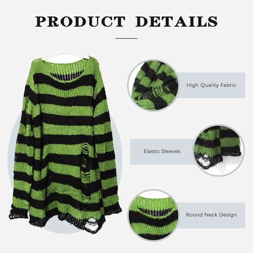Image of Goth Y2K Striped Sweater with Belt Ripped Punk Gothic Long Sweaters for Women Grunge Distressed Halloween Pullover Tops