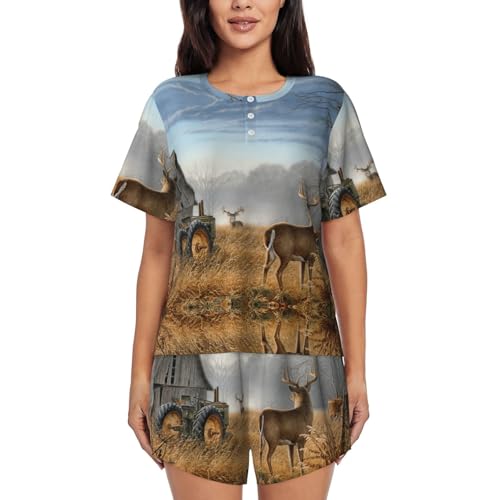 Pyjama cerf femme manches courtes short de nuit doux ensemble homewear col rond à poches