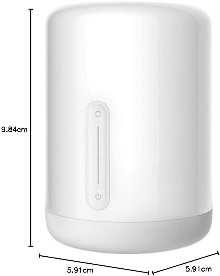 Diagram der viser dimensionerne af XIAOMI Mi Smart Bedside Lamp 2: 9.84 cm højde, 5.91 cm dybde, 5.91 cm bredde.