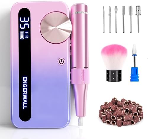 Rechargeable Nail Drill 35000RPM, Professional Portable Electric Nail File for Acrylic Gel Nails, Cordless E-File Kit with 7 Bits & 56 Sanding Bands for Manicure Pedicure, Pink-Blue