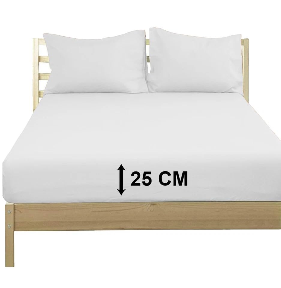 Extra Deep 25 cm Poly‑Cotton Fitted Sheet - 100 % Poly‑Cotton Bed Sheet Easy Fit - Soft, Durable & Wrinkle-Resistant Bedding (White, King)