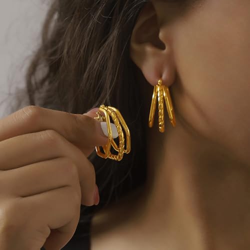 18K Gold Plated Stainless Steel Hexagon Chain Link Hoop Earrings for Women, Geometric Textured Statement Earrings, Hypoallergenic Minimalist Jewelry Gift by CMMKCNNK - Used condition - Image 3