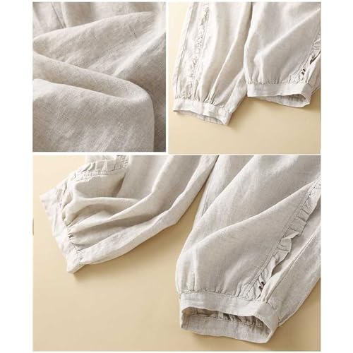 Womens Cotton Linen Capri Pants Vintage Embroidery Elastic Waist Solid Casual Pants Ruffle Cropped Trousers Pockets4