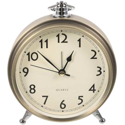 CVUTOVO Réveil Silencieux en Métal Rétro Chiffres Arabes, Horloge de Table Compacte, Métal Vintage, sans Pile, Décoration Bureau et Chambre, Style Ancien Élégant