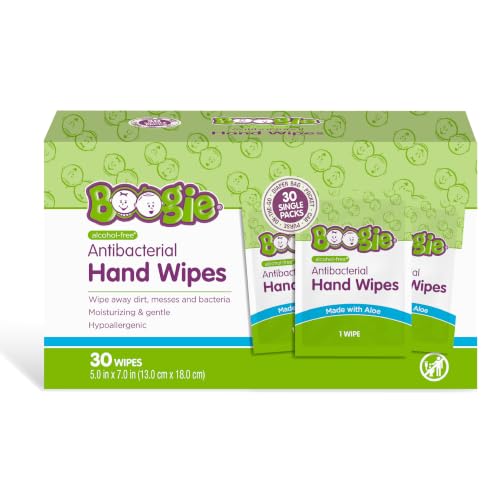 Boogie Antibacterial Hand Wipes - 30 Count - Hypoallergenic & Alcohol-Free - Individually Wrapped - Travel and Diaper Bag Essential