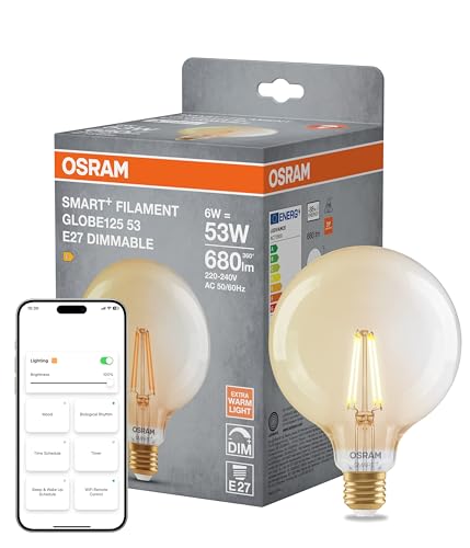Osram Lampe LED SMART+, G53, 6 W, 2 400 K, E27, forme sphérique, filament, dorée, intensité variable, contrôlable via application ou voix, compatible Matter