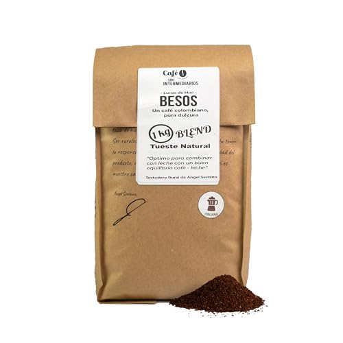 CAFE SIN INTERMEDIARIOS - Café Colombiano - Besos para Cafetera Italiana - Moka 1 Kg - Tostado Semanal - Molinado al envío y envasado - Intensidad de sabor medio - Ideal para Café con Leche