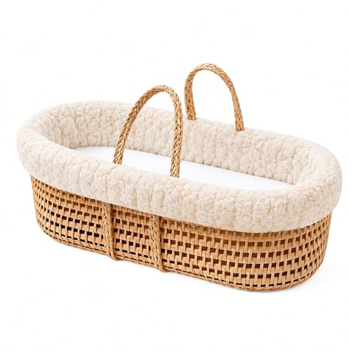 Ababy Cuddles & Kisses Moses Basket with Mattress Sherpa Fabric Liner & Polycotton Fitted Sheet Portable Wicker Bed for Newborns Soft & Breathable Nursery Sleep Space - Beige Sherpa Liner