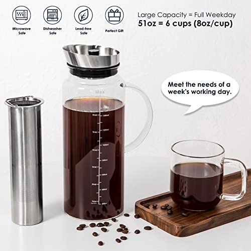 Aquach Cold Brew Coffee Iced Tea Maker & Fruit Pitcher - Large Capacity 51 Ounces - With Durable Glass Carafe/Fine Mesh Steel Infuser/Airtight Lid #TOP2