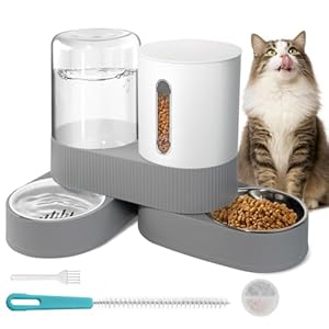 Automatic Gravity Cat Dog Feeder and Water Dispenser with 304 Stainless Steel Bowls 2 in 1 360 Degree Rotatable Auto 2.4L Dry Food and 2.6L Water Bowl for Small Medium Pet Dog Puppy Kitten (Gray)